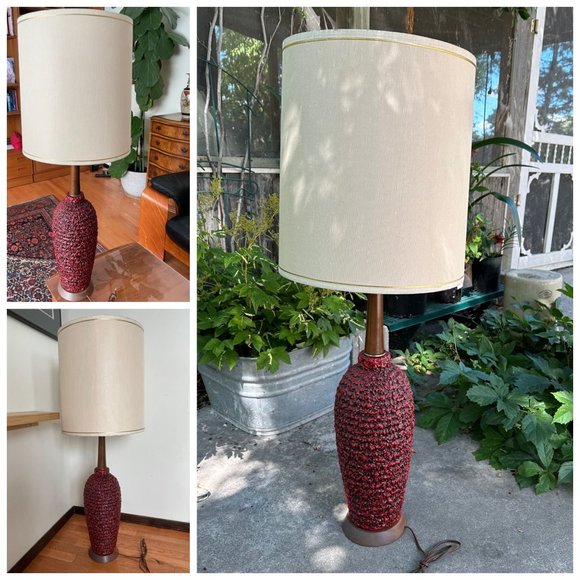 60s Walnut Table Lamp Mod Black Red Lava Chalkware Ceramic Body Mid-Century
